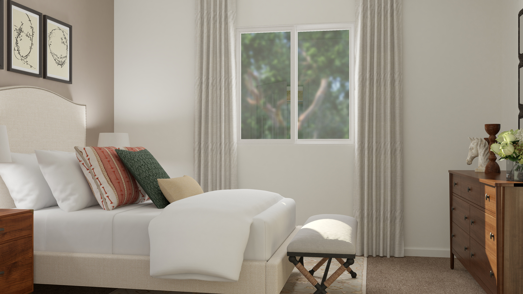 A room with a couch and a table.