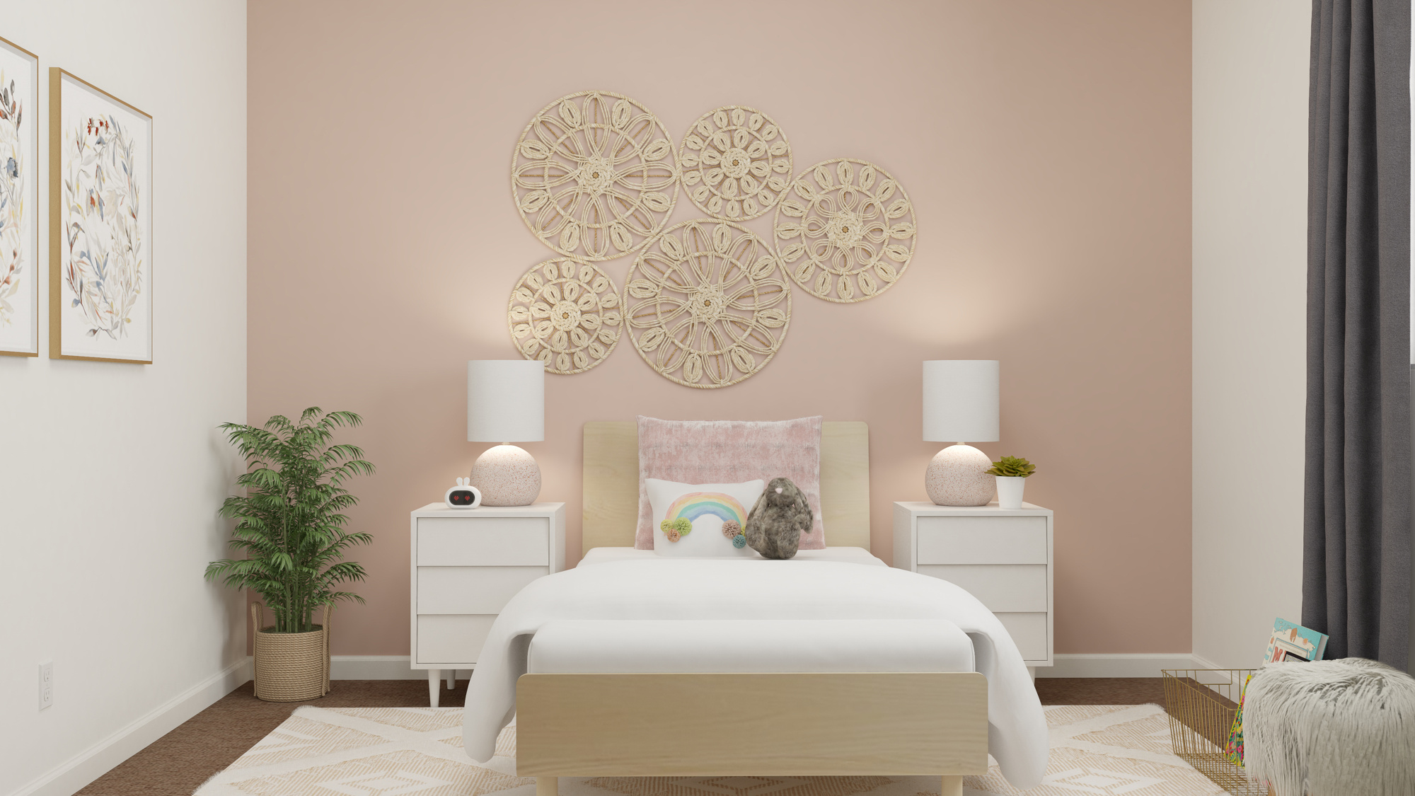 A bedroom with a bed and lamps.