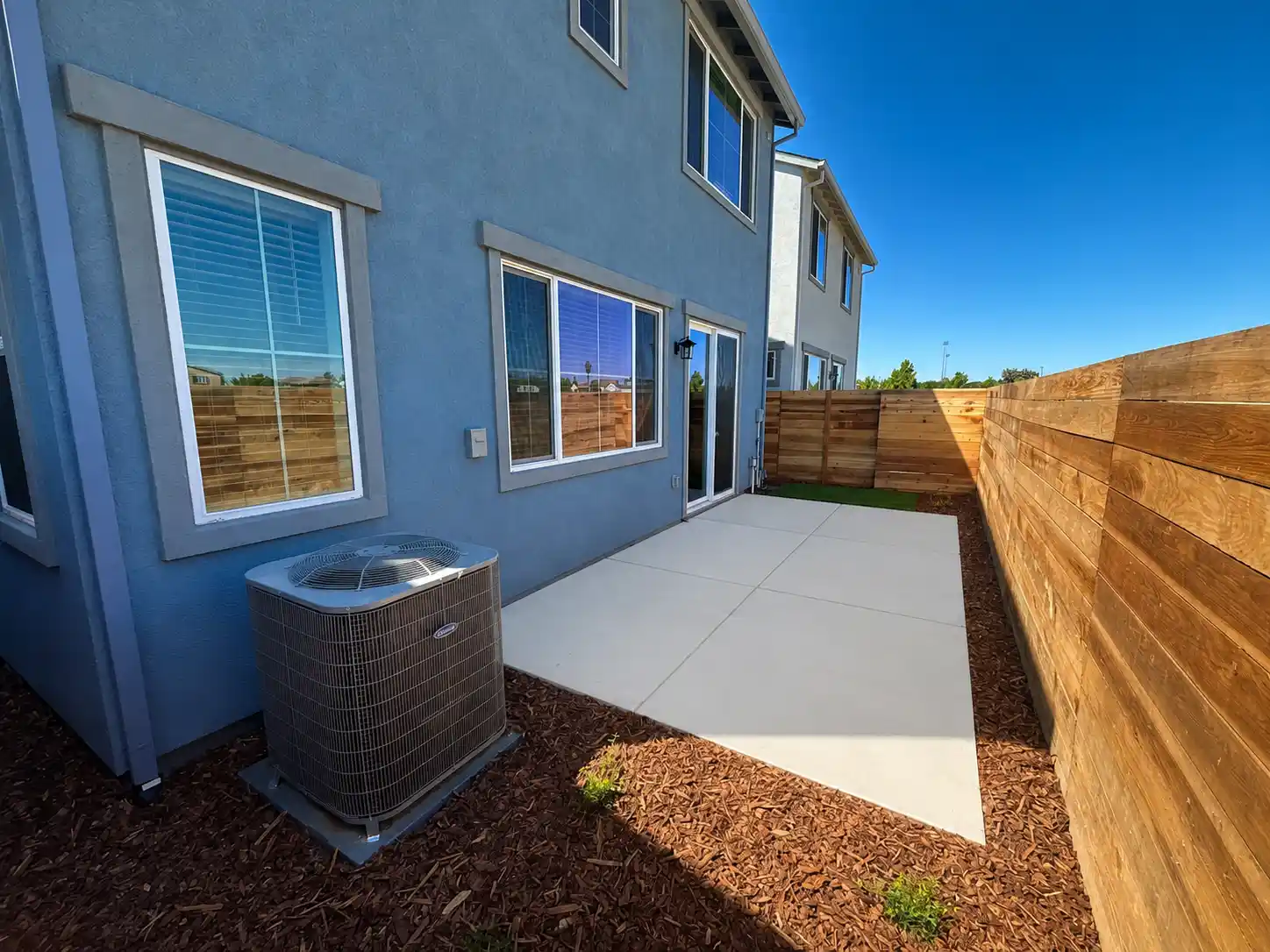 A backyard with a large potted plant and a large potted plant.