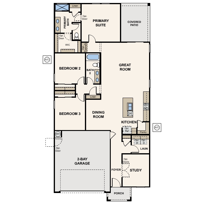 Diagram, engineering drawing of a Spanish New Home floor plan at Palomino Ranch of 1 story 3 bedroom floor plan in Maricopa AZ USDA Loan VA Loan Eligible Near 347 with community amenities near park