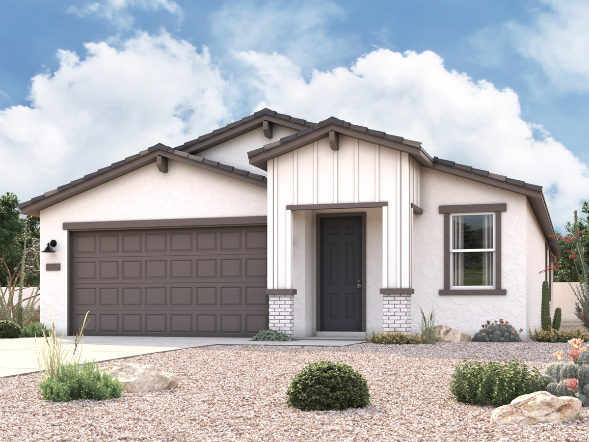 Rendering of front of new home for sale in San Tan, AZ with 2 car garage in the beautiful Skyline Village community with pool.