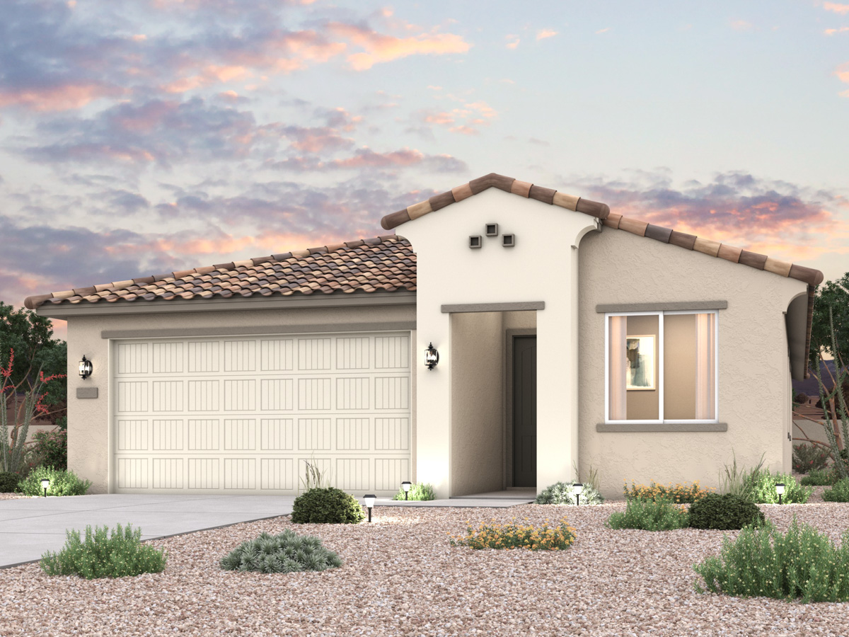 Twilight rendering of front of new home for sale in San Tan, AZ with 2 car garage in the beautiful Skyline Village community with pool.