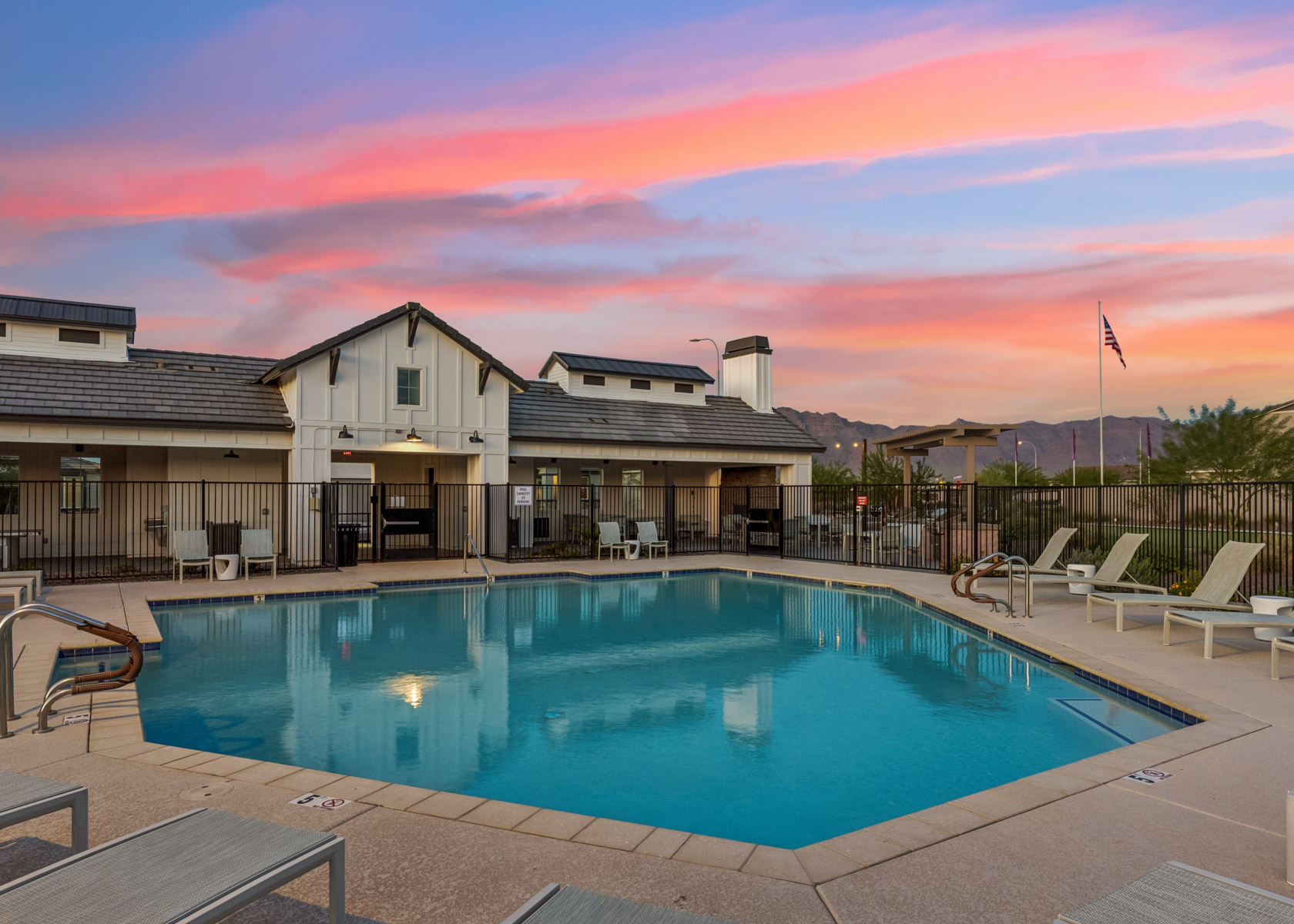 A swimming pool in a backyard.