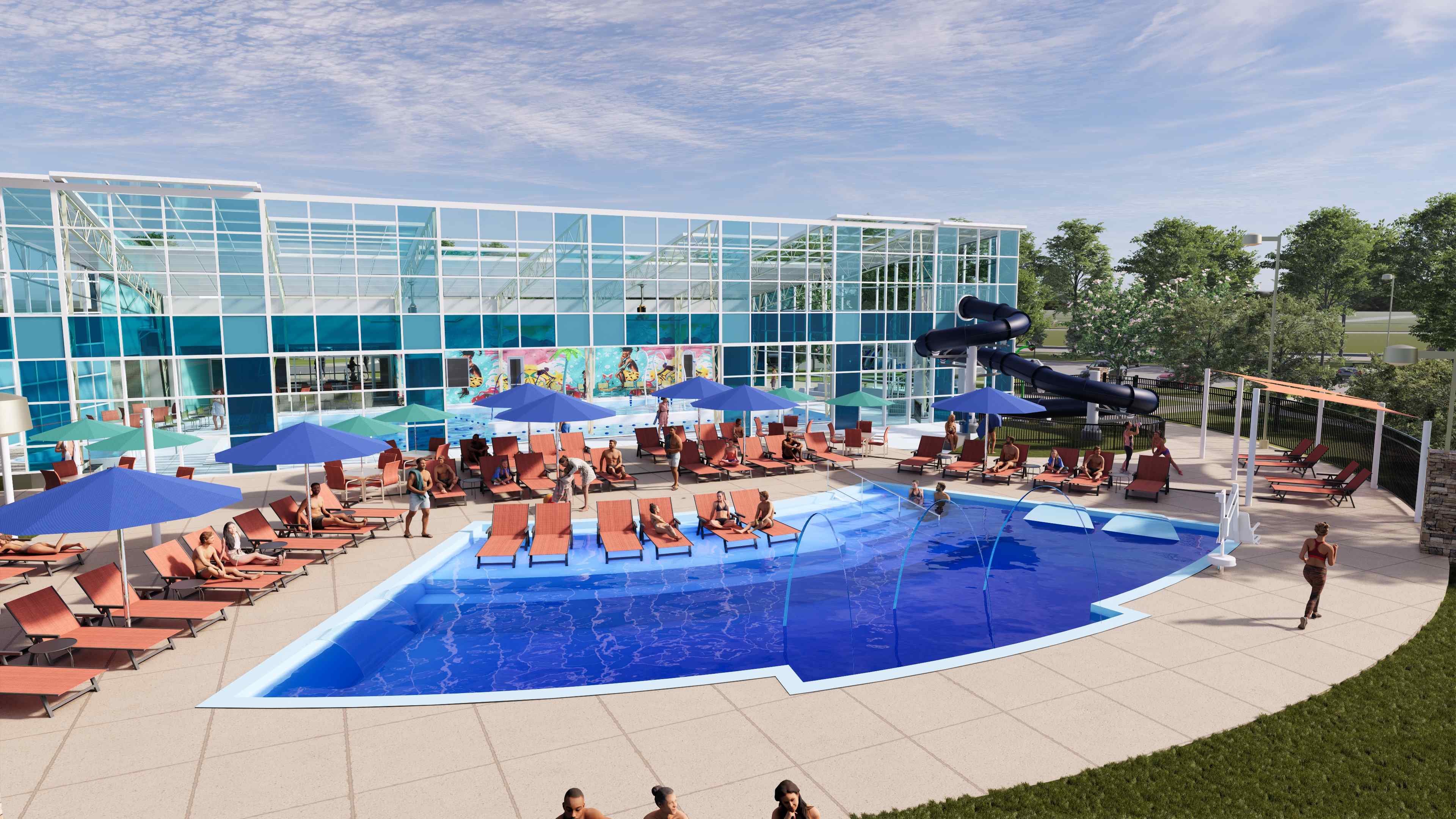 A swimming pool with people sitting around it.