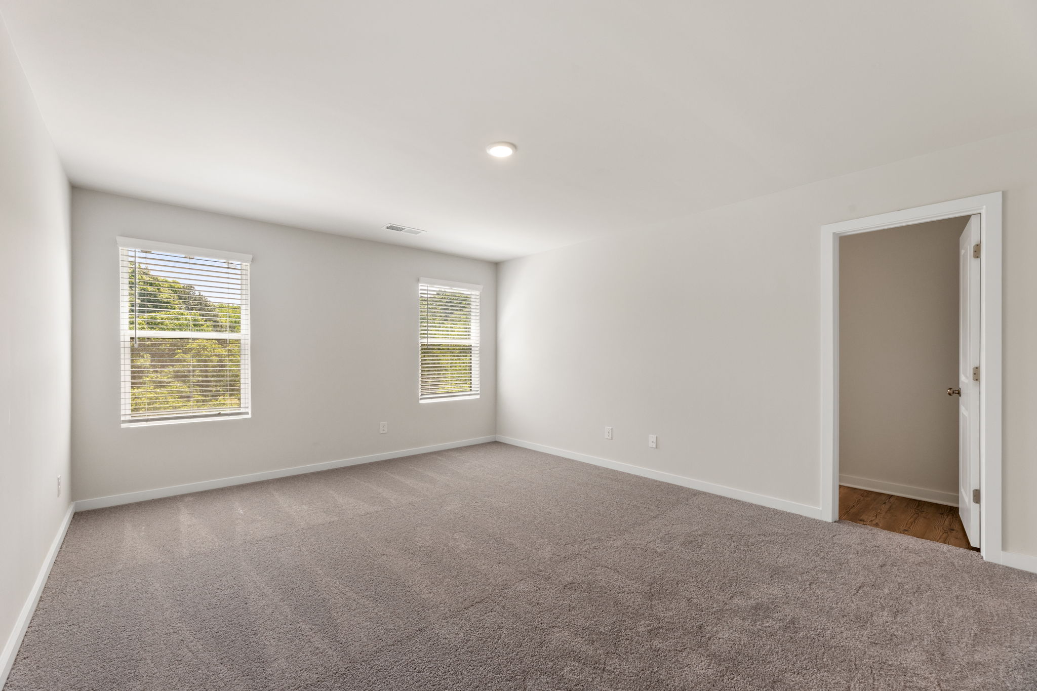 A room with a carpet and a door.