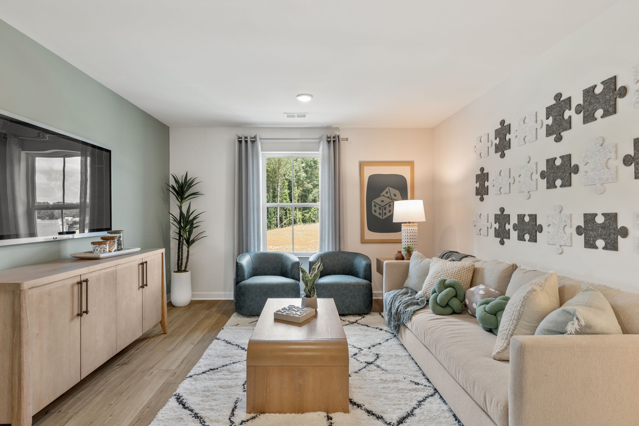 A living room with a couch and a coffee table.
