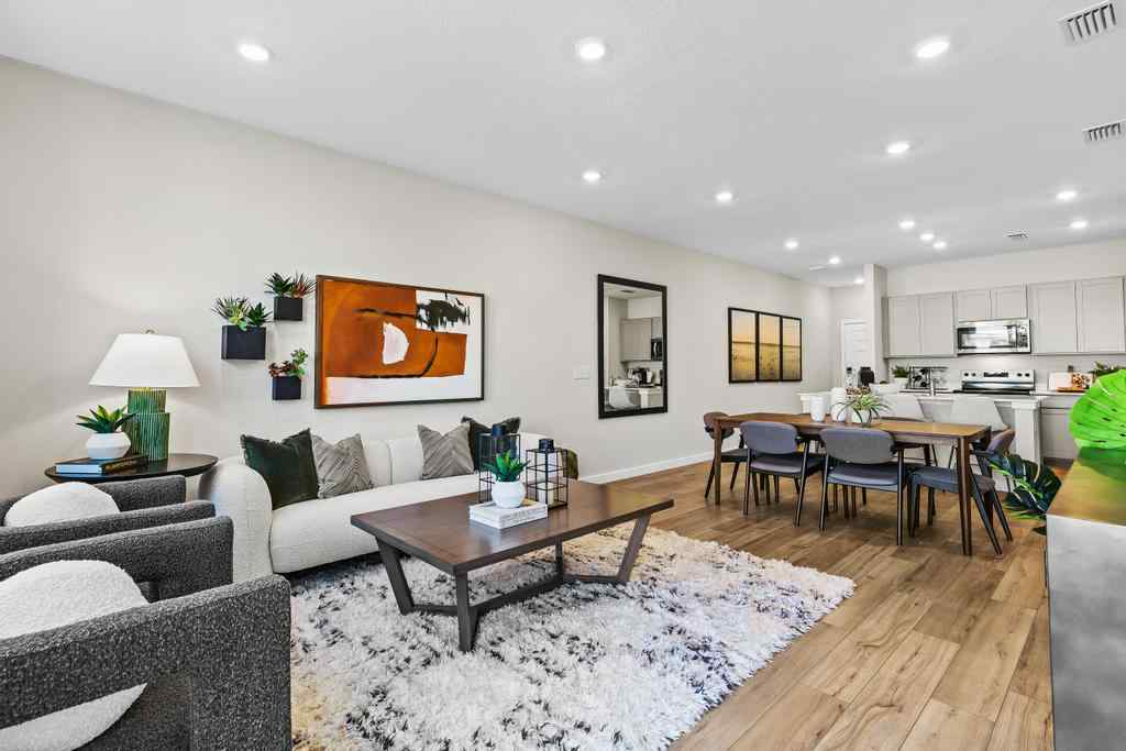 A living room with a large rug.