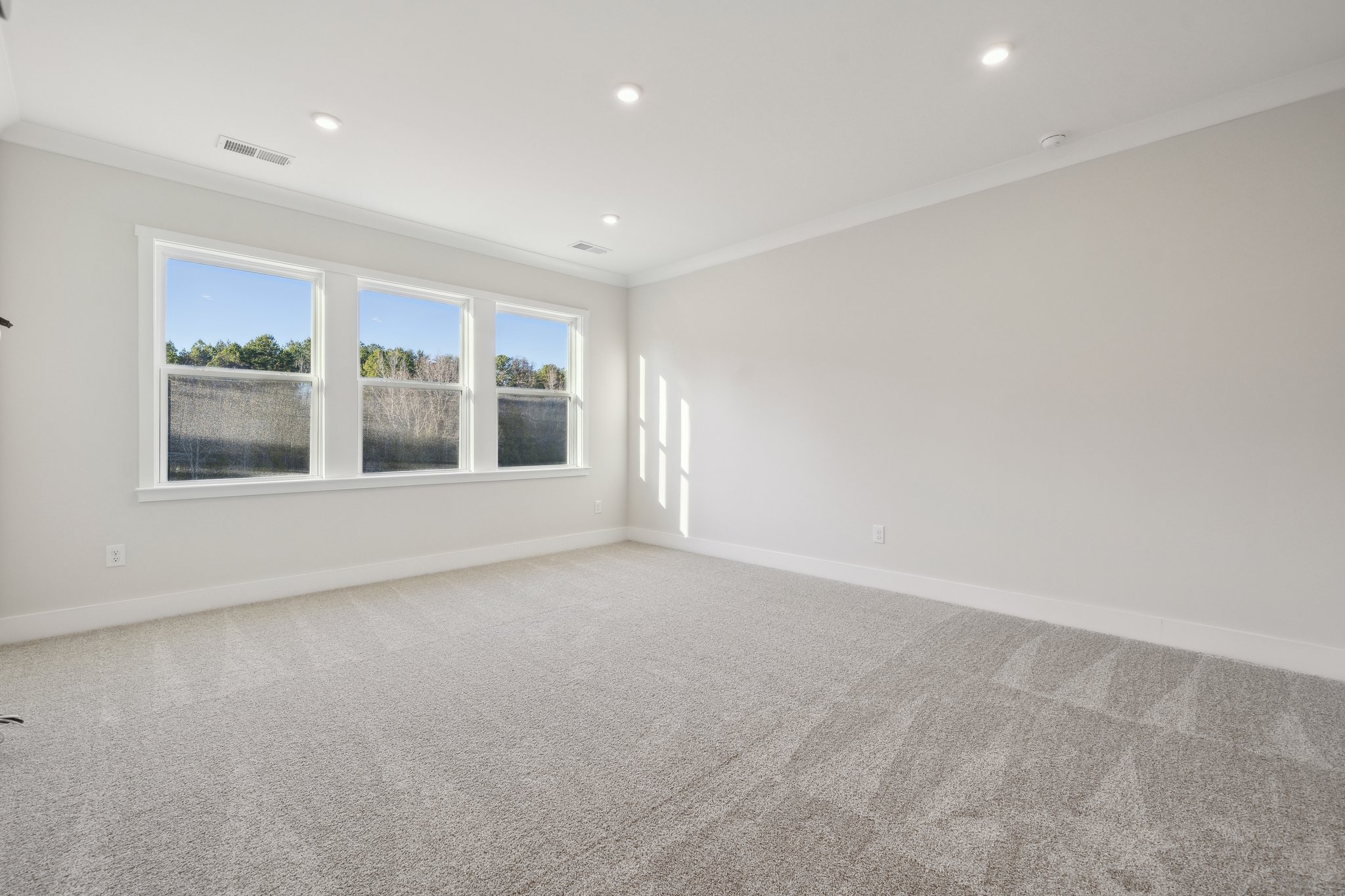 A room with a carpet and a window.