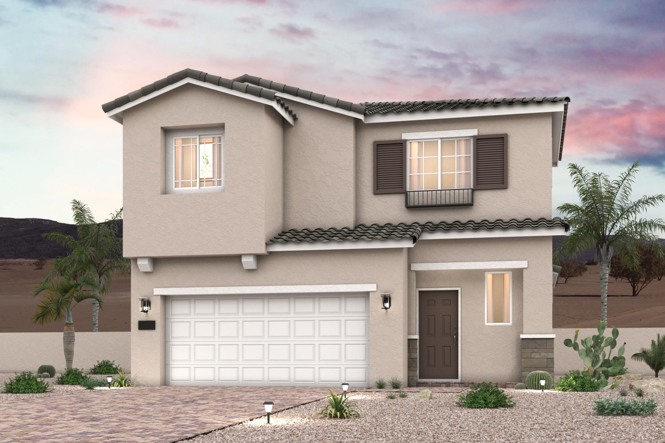 A house with a garage and trees.