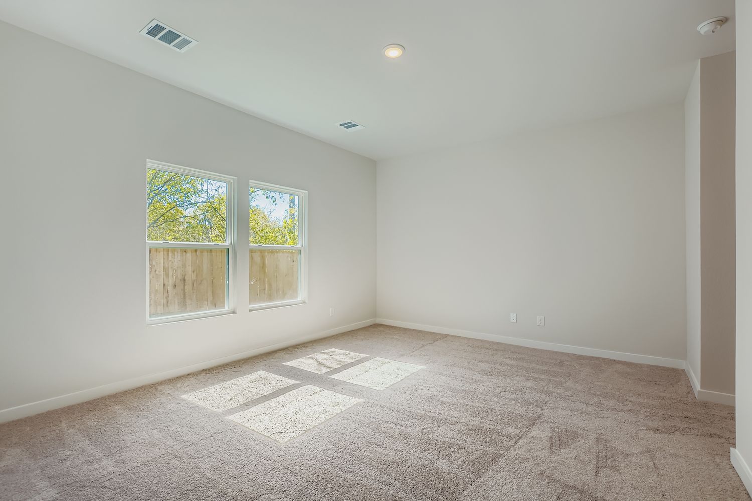 A room with a carpet and windows.