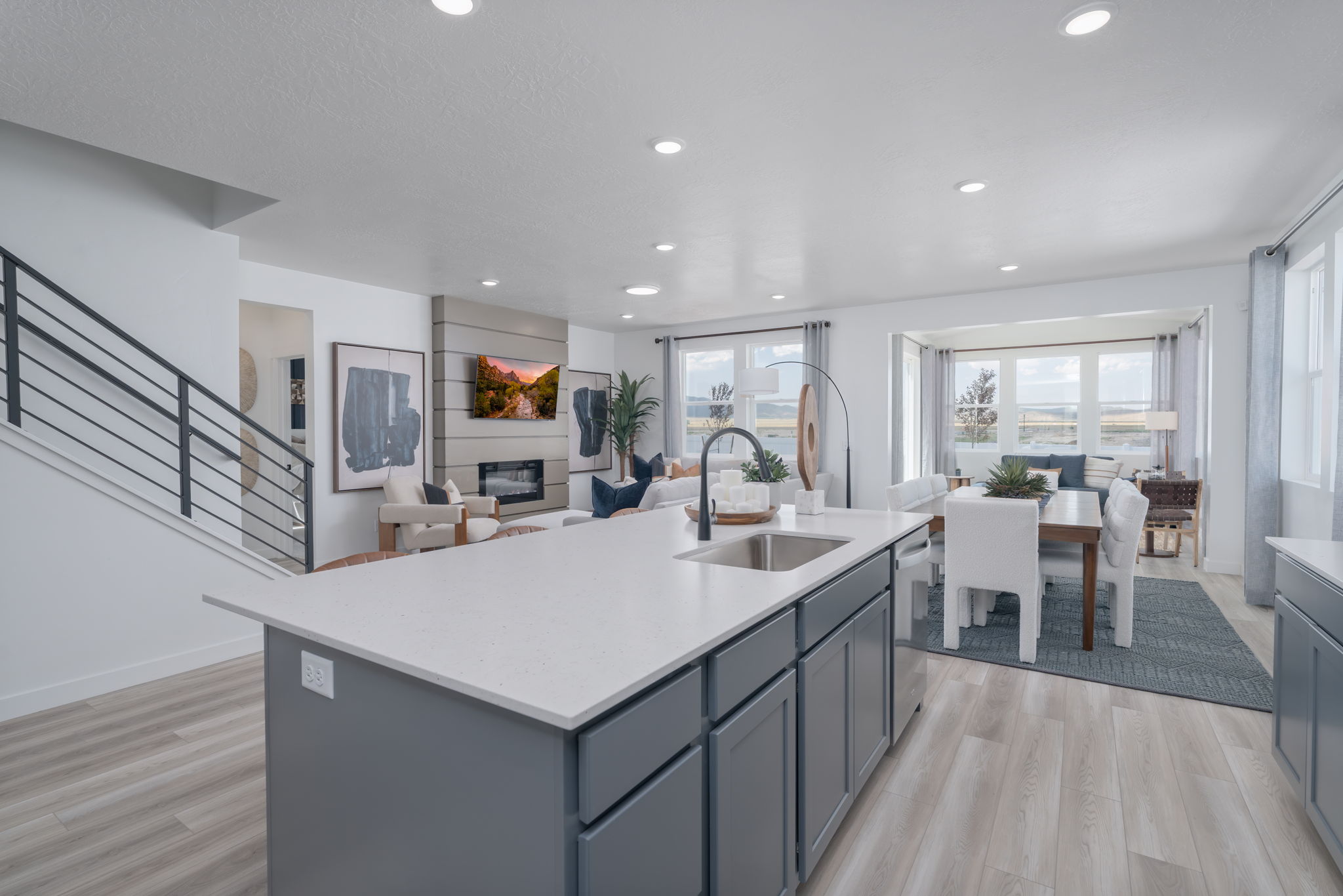 A kitchen with a large island.