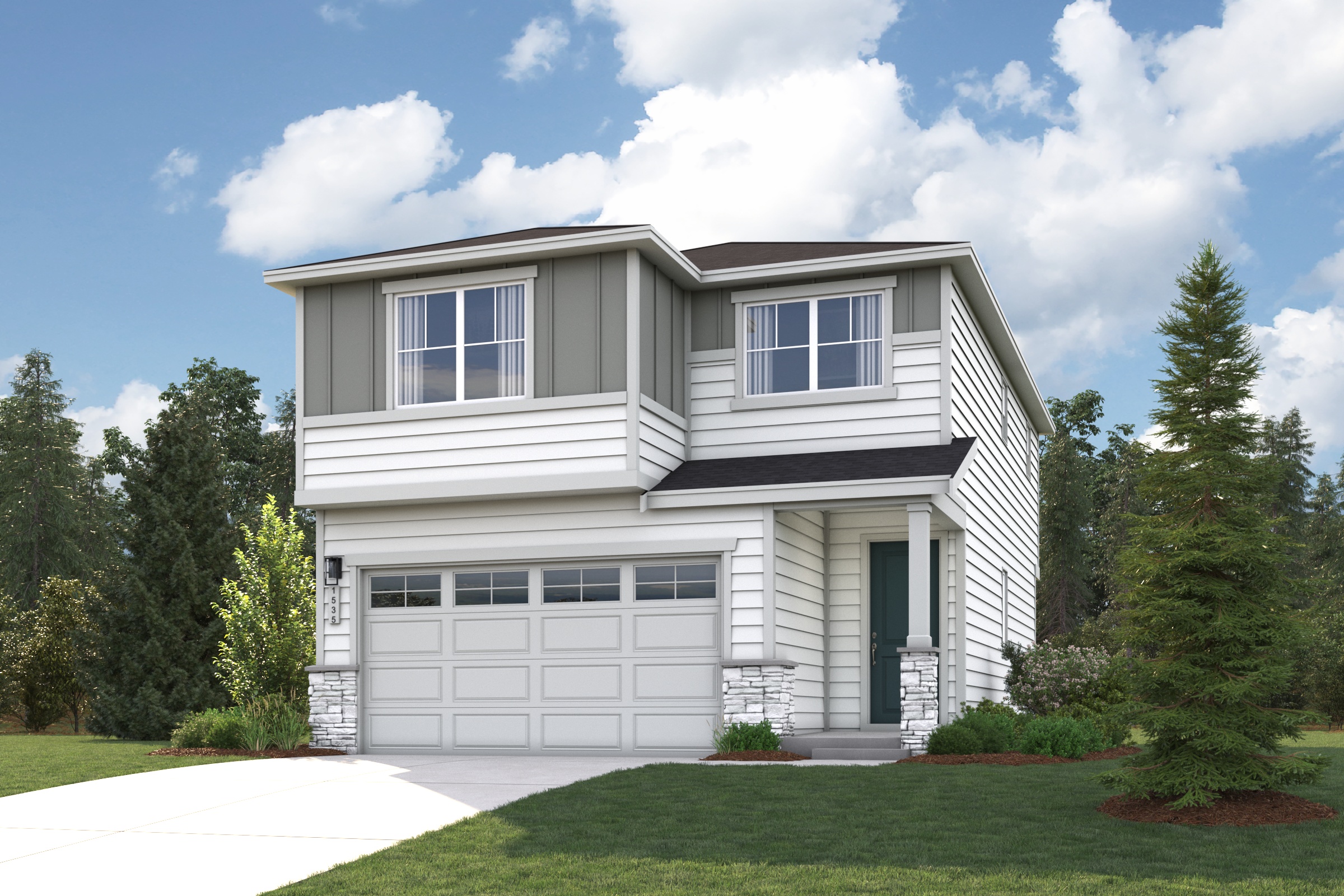 A house with a garage and trees around it.