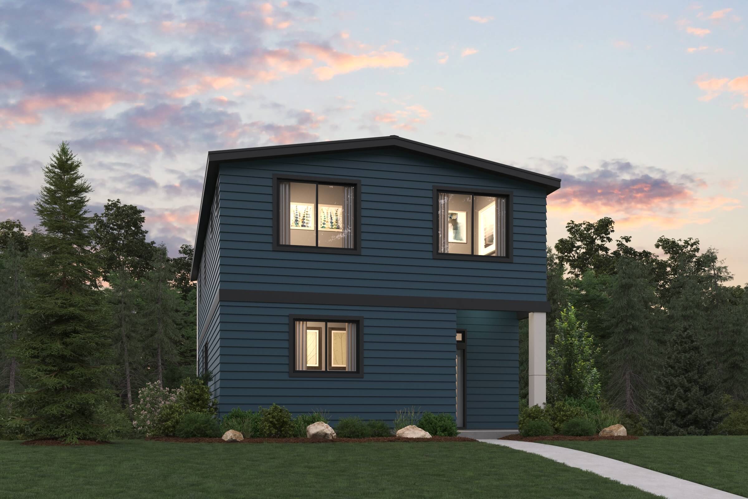 A blue house with trees in the back.