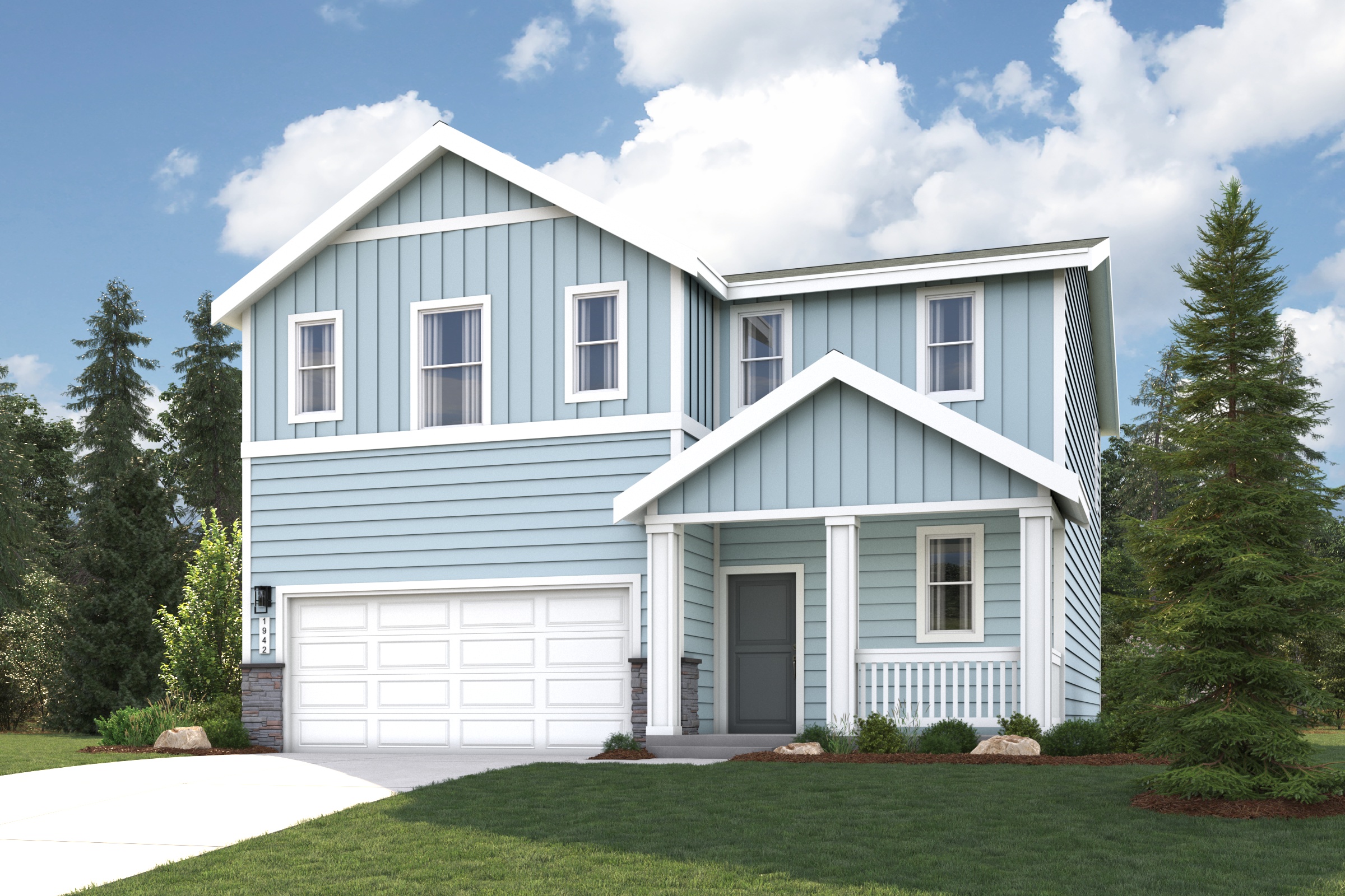 A blue and white house.