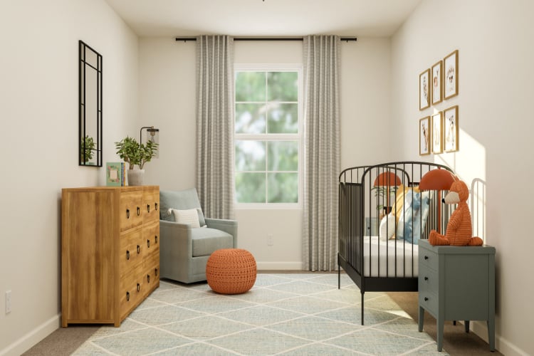 A room with a couch and a table.