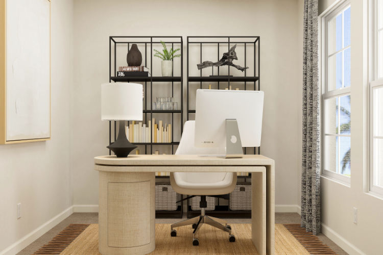 A desk with a chair and a lamp on it.