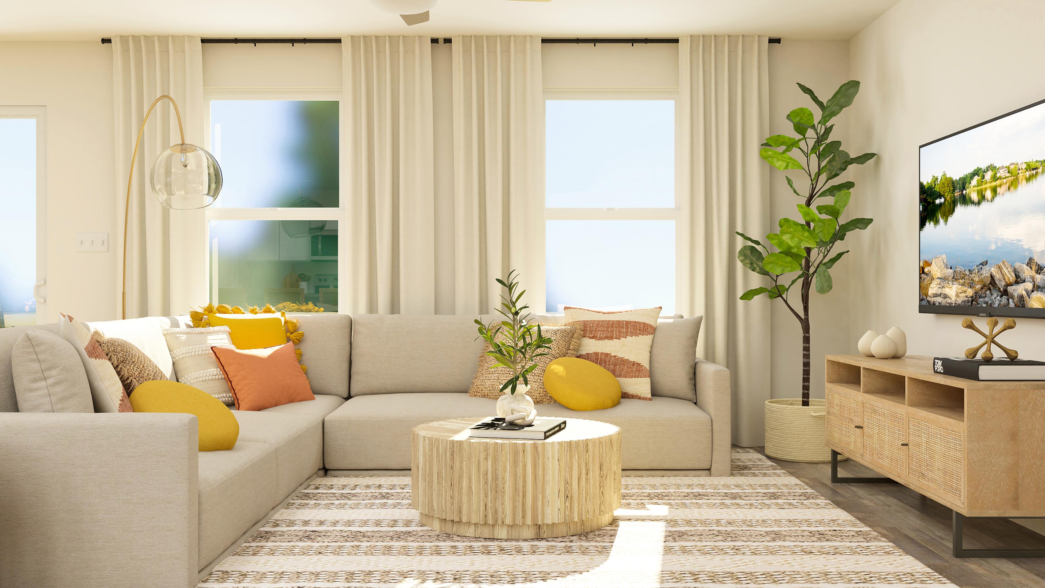 A living room with a couch and a coffee table.